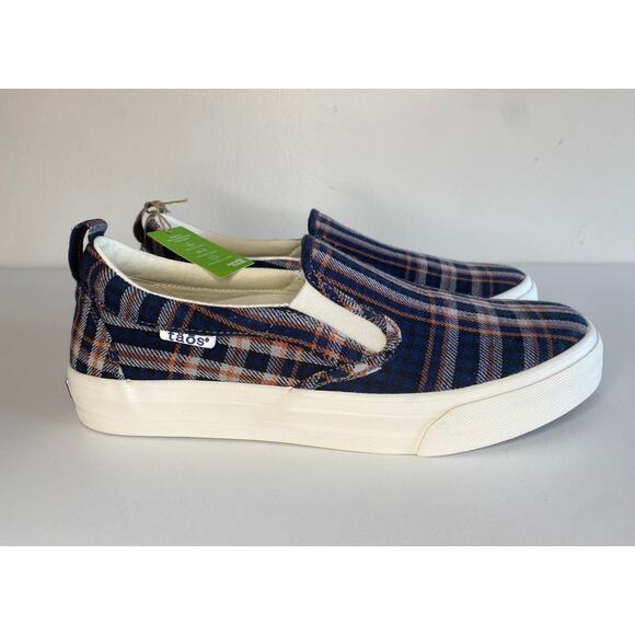 NWT TAOS SHOES 8 RUBBER SOUL SLIP ON SNEAKERS PLAID BLUE ORANGE COMFORT CASUAL - Picture 1 of 13